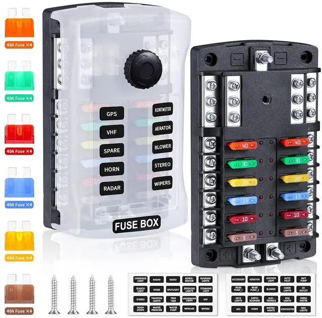 Main image of Upgraded 300A 12 Way Blade Fuse Block Fuse Box with 2 Positive Power Inputs Negative Bus, 12 Circuit Fuse Holder ATC/ATO Fuse Block Panel with LED Indicator for 12V/24V Car Truck Boat Marine