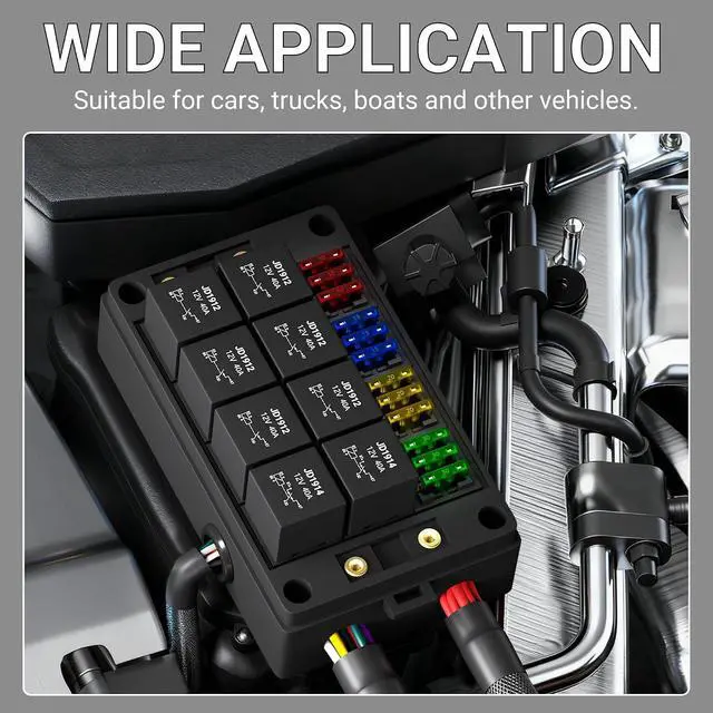 Alt view image 7 of 7 - 12V Fuse Box and Relay Block, 8 Relay 12 ATC/ATO Blade Fuse Pre-Wired Panel Dustproof Pre-Wired Fuse Relay Box for Automotive Car Marine Boat