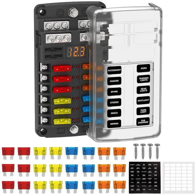 Main image of 12 Way Fuse Block Box 12V/24V DC, ATC/ATO Fuse Panel with LED Display for Marine Boat Automotive Motorcycle
