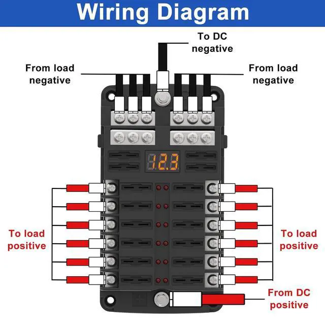 Alt view image 6 of 7 - 12 Way Fuse Block Box 12V/24V DC, ATC/ATO Fuse Panel with LED Display for Marine Boat Automotive Motorcycle