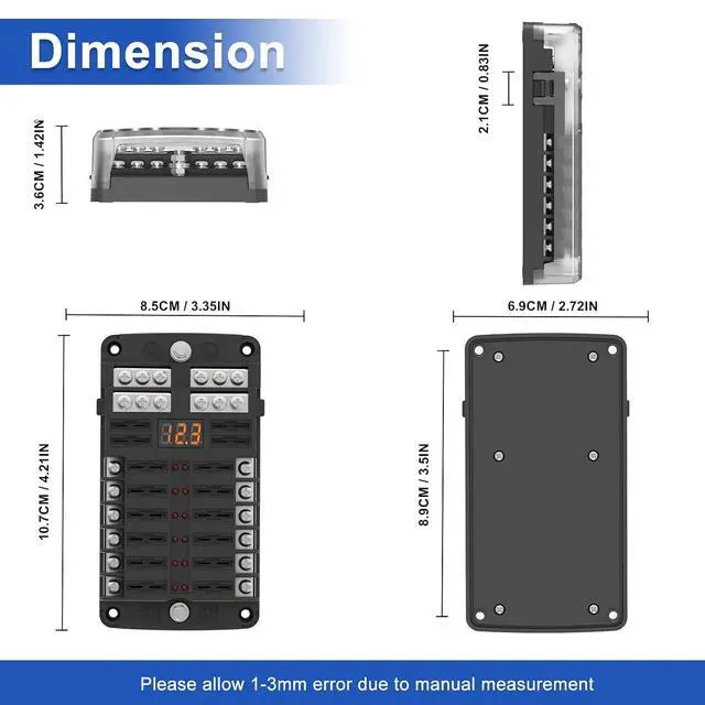 Alt view image 7 of 7 - 12 Way Fuse Block Box 12V/24V DC, ATC/ATO Fuse Panel with LED Display for Marine Boat Automotive Motorcycle