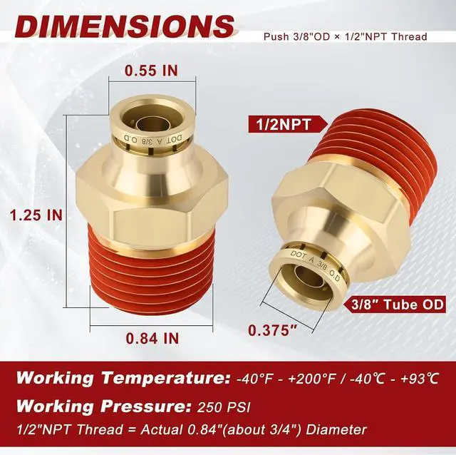Alt view image 5 of 6 - 3/8" Quick Push to Connect Fittings Brass Union Straight Joint DOT Approved 3/8" Tube OD x 1/2" NPT Thread Air Line Adapter Air Suspension Kit for Truck Trailers and Air Brake System 10pcs