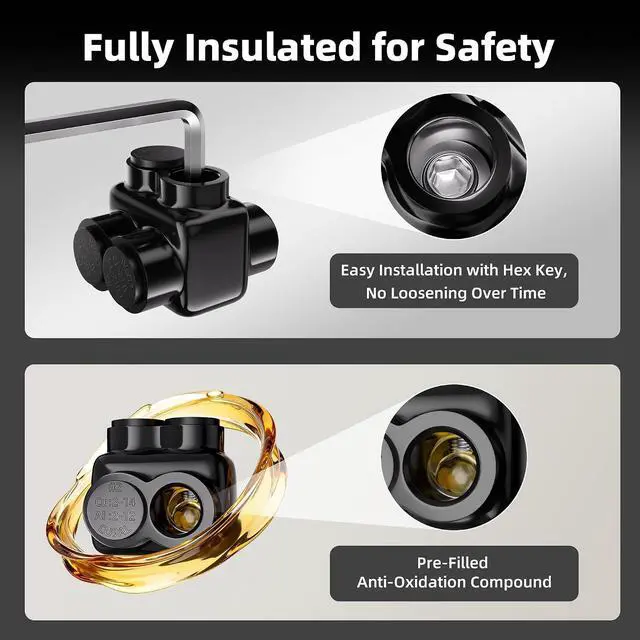 Alt view image 4 of 6 - Multitap Connector, 2-14 AWG Insulated Splice, 2 Ports Aluminum to Copper Wire Connectors with Ferrules and Allen Hex for Automotive Marine Car Wiring, Dual Entry 8 Pack