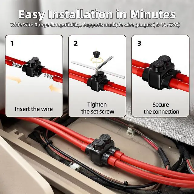 Alt view image 5 of 6 - Multitap Connector, 2-14 AWG Insulated Splice, 2 Ports Aluminum to Copper Wire Connectors with Ferrules and Allen Hex for Automotive Marine Car Wiring, Dual Entry 8 Pack