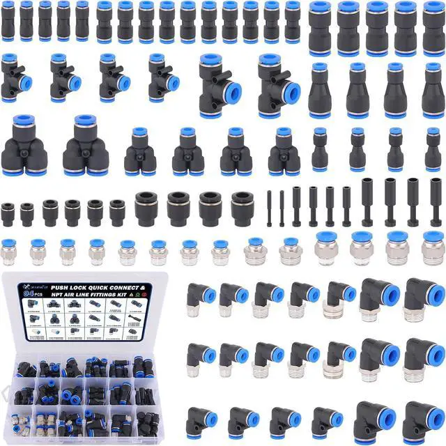Main image of 94 Pcs Quick Connect Air Line Fittings Kit Pneumatic Push Lock Air Fittings 1/8",1/4",3/8" Push to Connect & NPT Thread Air Hose Fittings Quick Release Airline Fitting Kit