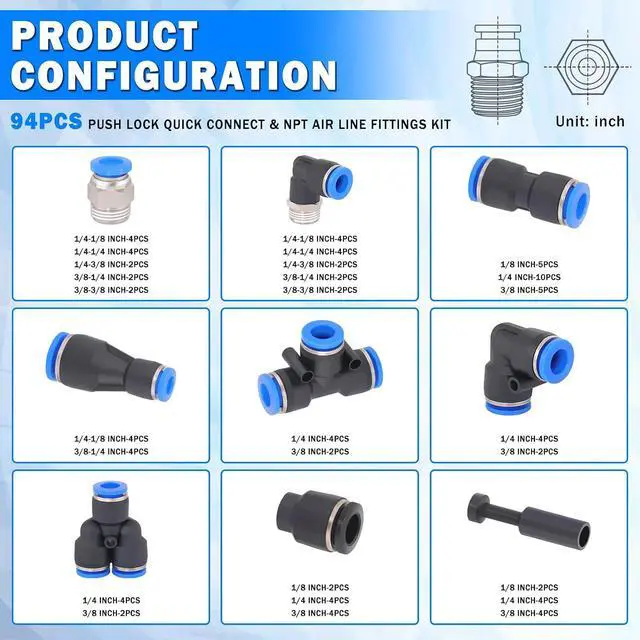 Alt view image 2 of 7 - 94 Pcs Quick Connect Air Line Fittings Kit Pneumatic Push Lock Air Fittings 1/8",1/4",3/8" Push to Connect & NPT Thread Air Hose Fittings Quick Release Airline Fitting Kit
