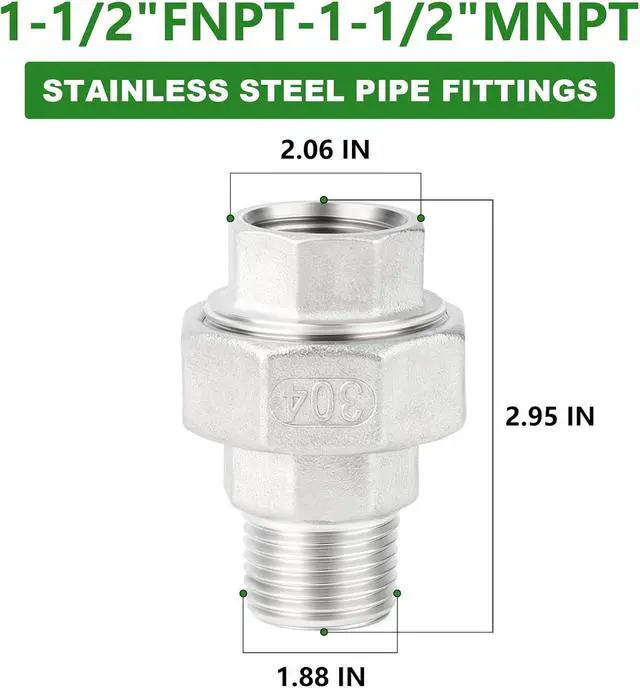 Alt view image 2 of 7 - 2PCS 304 Stainless Steel Union, 1-1/2" NPT Male x 1-1/2" NPT Female Cast Pipe Fitting