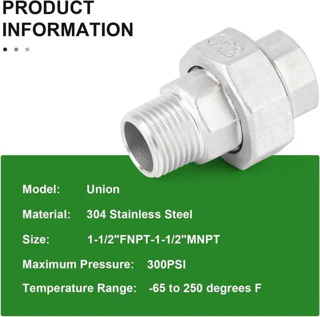 Alt view image 4 of 7 - 2PCS 304 Stainless Steel Union, 1-1/2" NPT Male x 1-1/2" NPT Female Cast Pipe Fitting
