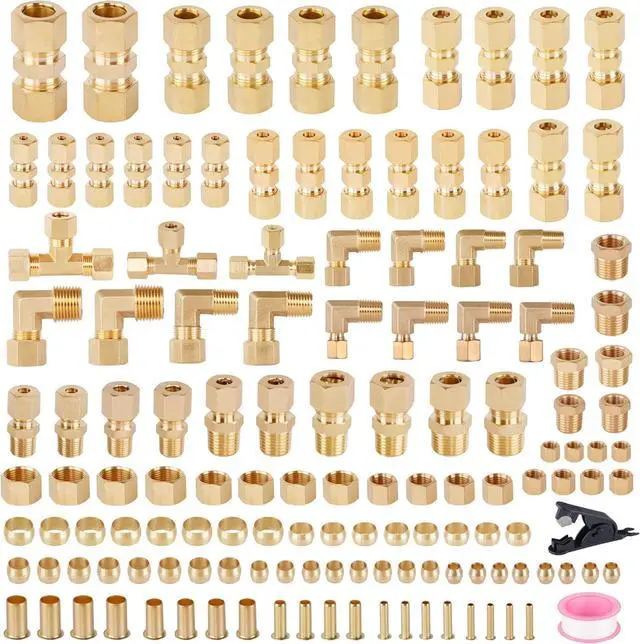 Main image of 135PCS Brass Compression Tube Pipe Fittings Kits, 1/8" 3/16" 1/4" 3/8" 1/2" Union/Tee/Elbow/Straight Connector for Industrial Use and Trucks Trailers