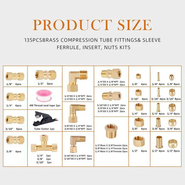 Alt view image 5 of 6 - 135PCS Brass Compression Tube Pipe Fittings Kits, 1/8" 3/16" 1/4" 3/8" 1/2" Union/Tee/Elbow/Straight Connector for Industrial Use and Trucks Trailers