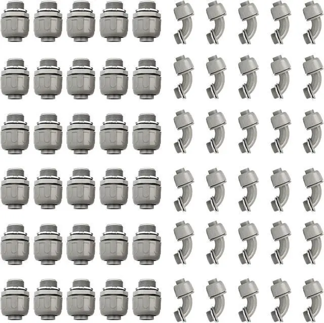 Main image of Conduit Connectors, 3/4 Inch Liquid Tight Connector NPT Non-Metallic for PVC Electrical Flexible Conduit Fittings, 30 Straight and 30 Angle 90 Degree, UL Listed, Grey (60-Pack)
