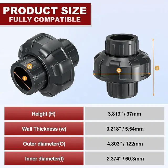Alt view image 2 of 7 - 6Pcs 2" PVC Union Coupling Pipe Fitting, SCH80 (Socket x Socket) Furniture Grade PVC Slip Union Coupling Adapter for DIY Pipe Connection, Hose Extension, Dark Grey
