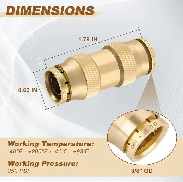 Alt view image 2 of 6 - 1/2" Quick Push to Connect Fittings Brass Union Straight Joint DOT Approved 1/2 inch tube OD Air Line Adapter Air Spring Suspension Kit for Car Truck Trailers and Air Brake System 10pcs