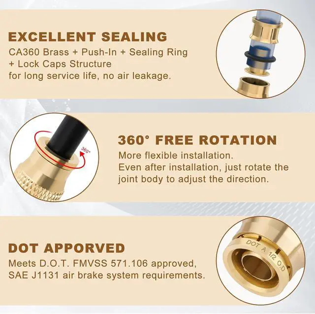 Alt view image 5 of 6 - 1/2" Quick Push to Connect Fittings Brass Union Straight Joint DOT Approved 1/2 inch tube OD Air Line Adapter Air Spring Suspension Kit for Car Truck Trailers and Air Brake System 10pcs