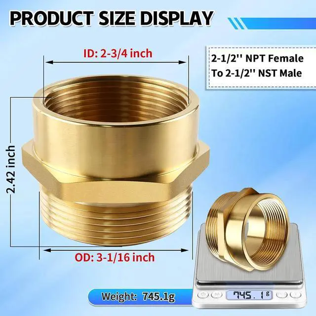 Alt view image 5 of 7 - Heavy Duty Brass Fire Hose Adapter, 2-1/2" NPT Female x 2-1/2" NST Male