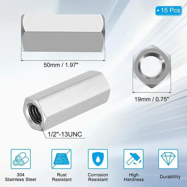 Alt view image 2 of 7 - 1/2"-13 UNC 304 Stainless Steel Hex Coupling Nuts, 15Pcs 2" Length Fully Threaded Rod Coupling Nut Studding Connector Fasteners, Silver Tone
