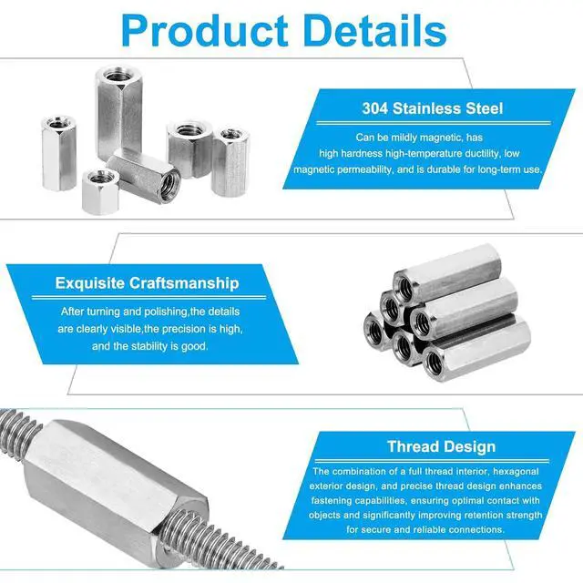 Alt view image 3 of 7 - 1/2"-13 UNC 304 Stainless Steel Hex Coupling Nuts, 15Pcs 2" Length Fully Threaded Rod Coupling Nut Studding Connector Fasteners, Silver Tone