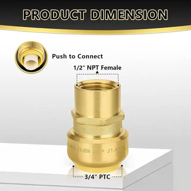 Alt view image 2 of 6 - 5 Pack Push Fit Fittings, 3/4" PTC x1/2" Female NPT Adapter