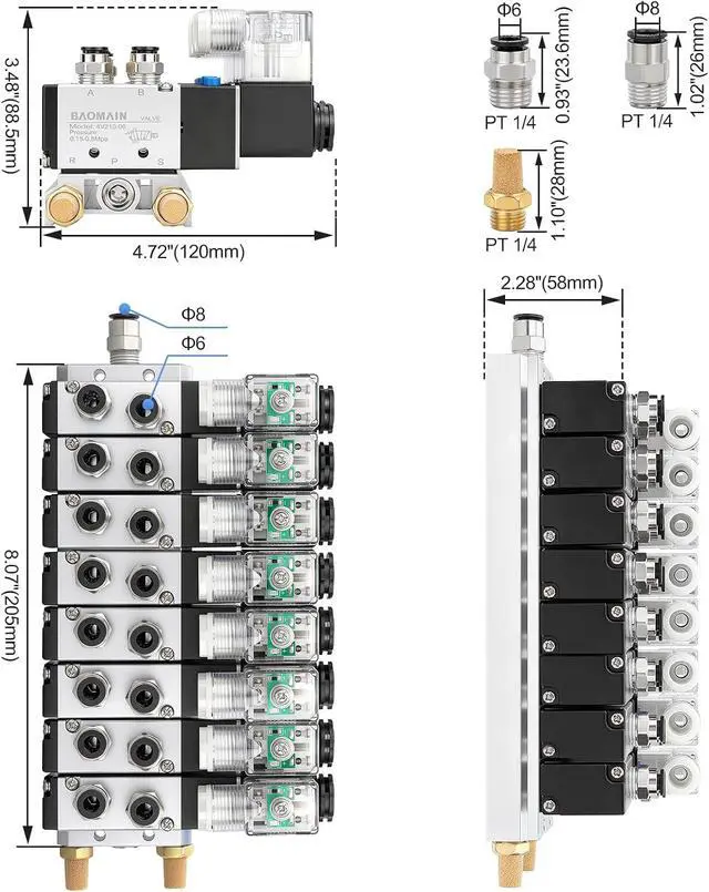 Alt view image 2 of 7 - 8 Station Solenoid Valve Manifold, 24V DC 5 Way 2 Position Pneumatic Air Valve, Eight Solenoid, 1/4" PT Port, Includes Manifold Base & Mufflers, 4V210-08