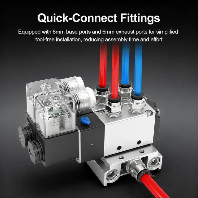 Alt view image 4 of 7 - 4 Station Solenoid Valve Manifold, 12V DC 5 Way 2 Position Pneumatic Air Valve, Four Solenoid, 1/4" PT Port, Includes Manifold Base & Mufflers, 4V210-08