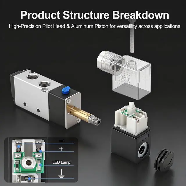 Alt view image 7 of 7 - 4 Station Solenoid Valve Manifold, 12V DC 5 Way 2 Position Pneumatic Air Valve, Four Solenoid, 1/4" PT Port, Includes Manifold Base & Mufflers, 4V210-08