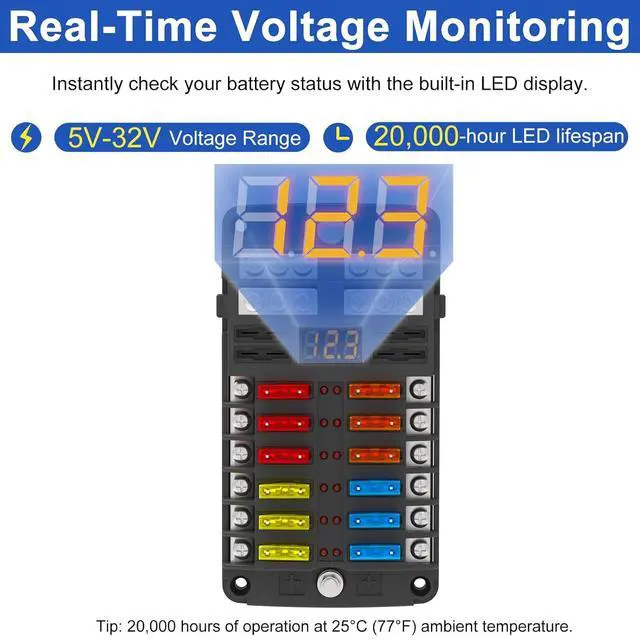 Alt view image 3 of 7 - 12 Way Fuse Block Box 12V/24V DC, ATC/ATO Fuse Panel with LED Display for Marine Boat Automotive Motorcycle