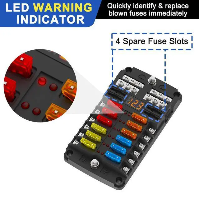 Alt view image 4 of 7 - 12 Way Fuse Block Box 12V/24V DC, ATC/ATO Fuse Panel with LED Display for Marine Boat Automotive Motorcycle