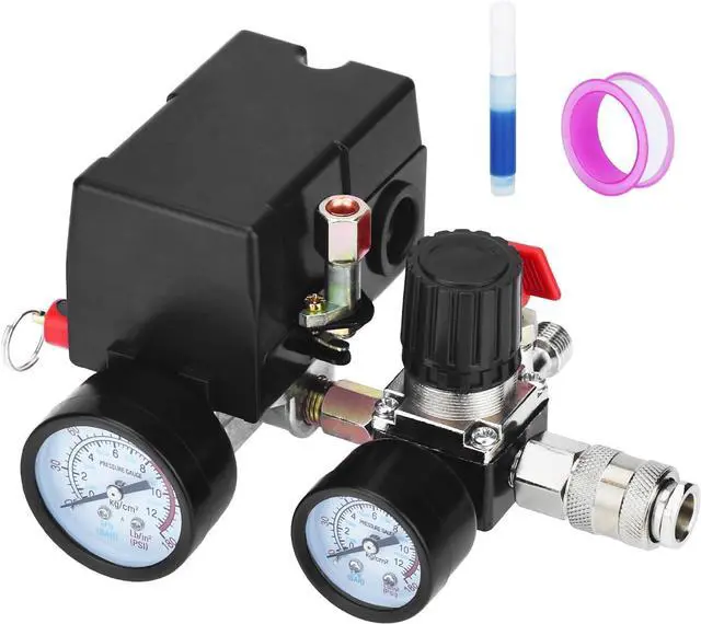 Main image of Universal Air Compressor Pressure Switch Control Valve (90-120 PSI, 110V-240V) with 0-180 PSI Regulator and Safety Pressure Relief Valve - 4 Way Replacement Part (110V-240V-B7)