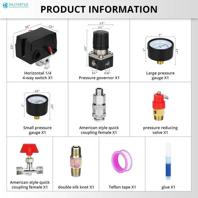 Alt view image 2 of 7 - Universal Air Compressor Pressure Switch Control Valve (90-120 PSI, 110V-240V) with 0-180 PSI Regulator and Safety Pressure Relief Valve - 4 Way Replacement Part (110V-240V-B7)