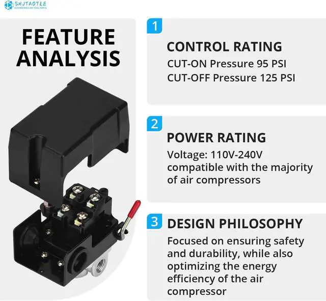 Alt view image 3 of 7 - Universal Air Compressor Pressure Switch Control Valve (90-120 PSI, 110V-240V) with 0-180 PSI Regulator and Safety Pressure Relief Valve - 4 Way Replacement Part (110V-240V-B7)
