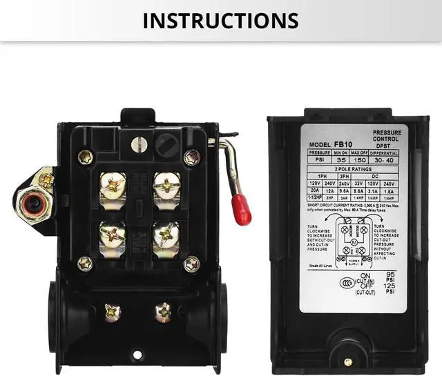 Alt view image 4 of 7 - Universal Air Compressor Pressure Switch Control Valve (90-120 PSI, 110V-240V) with 0-180 PSI Regulator and Safety Pressure Relief Valve - 4 Way Replacement Part (110V-240V-B7)