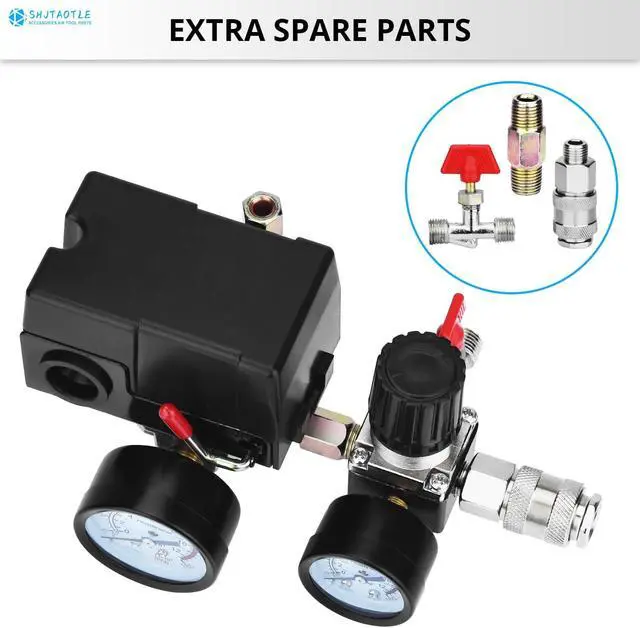Alt view image 6 of 7 - Universal Air Compressor Pressure Switch Control Valve (90-120 PSI, 110V-240V) with 0-180 PSI Regulator and Safety Pressure Relief Valve - 4 Way Replacement Part (110V-240V-B7)