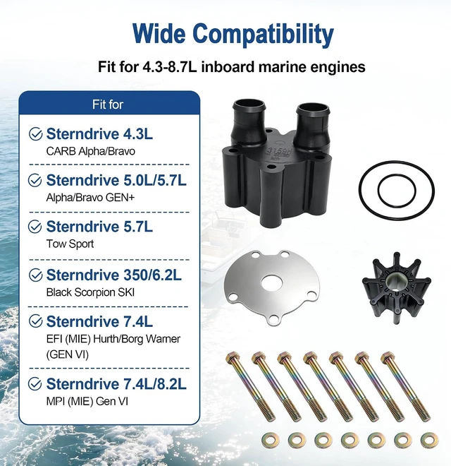 Alt view image 2 of 7 - 807151A14 Water Pump Impeller Repair Kit for MerCruiser Inboard Sterndrive V6 V8 Bravo Alpha 4.3L 5.0L 5.7L 5.8L 6.2L 6.3L 7.4L 8.2L 8.6L 8.7L Replaces Sierra 18-3150 807151A7