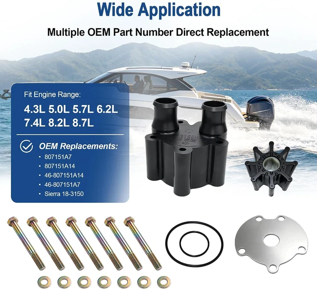 Alt view image 3 of 7 - 807151A14 Water Pump Impeller Repair Kit for MerCruiser Inboard Sterndrive V6 V8 Bravo Alpha 4.3L 5.0L 5.7L 5.8L 6.2L 6.3L 7.4L 8.2L 8.6L 8.7L Replaces Sierra 18-3150 807151A7