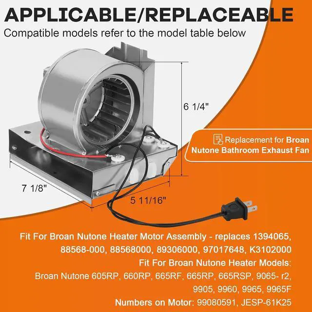 Alt view image 2 of 7 - S97017648 Heater Motor Assembly, S97017648 Fan Replacement for Broan NuTone 665RP 605RP 9965 660RP 9905 665RSP, 97017648 Bathroom Exhaust Fan Motor for NuTone Heater