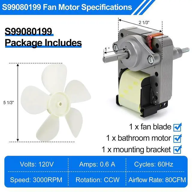 Alt view image 3 of 6 - S99080199 Bathroom Exhaust Fan Motor and Blade 80 CFM 4.0 Sones Vent Fan Motor, Compatible with 512, 512M, 673, 673-C, 8870; Reliable Bathroom Fan Motor for Strong Airflow & Quiet Operation