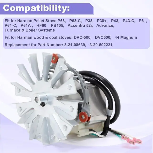 Alt view image 3 of 7 - 3-21-08639 Combustion Blower Fan Motor for Harman P43 P61 P68 P38 Accentra 52i, Advance Pellet Stoves, Blower Exhaust Fans Motor with 3-20-502221 Double Paddle Fan Blade Replacement