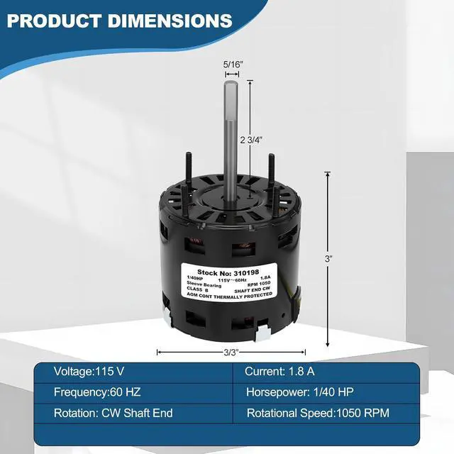 Alt view image 2 of 6 - 310198 Exhaust Fan Motor, 120V Replacement Vent Fan Motor, 1050 RPM, CW Rotation, Smooth Operation, Reliable Performance for Bathroom and Home Ventilation