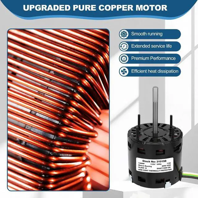 Alt view image 3 of 6 - 310198 Exhaust Fan Motor, 120V Replacement Vent Fan Motor, 1050 RPM, CW Rotation, Smooth Operation, Reliable Performance for Bathroom and Home Ventilation