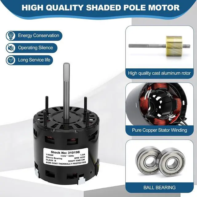 Alt view image 5 of 6 - 310198 Exhaust Fan Motor, 120V Replacement Vent Fan Motor, 1050 RPM, CW Rotation, Smooth Operation, Reliable Performance for Bathroom and Home Ventilation