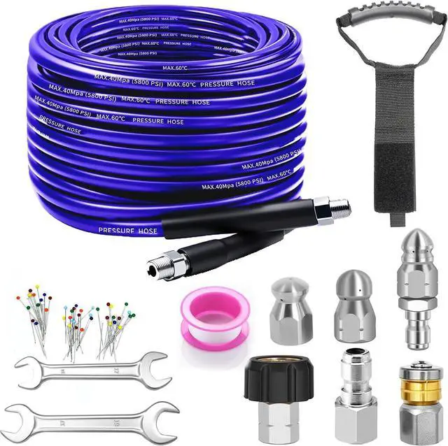 Main image of Sewer Jetter Kit for Pressure Washer, 100FT Drain Cleaner Hose 5800PSI with 1/4 Inch NPT Corner, Rotating Nozzle and 4 Different Button Nose Sewer Jet Nozzles, Waterproof Tape and 2 Spanners Purple