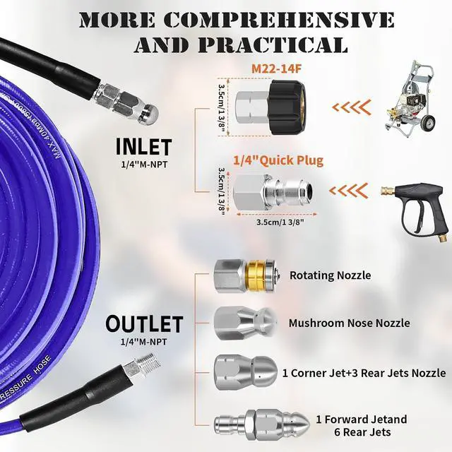 Alt view image 4 of 7 - Sewer Jetter Kit for Pressure Washer, 100FT Drain Cleaner Hose 5800PSI with 1/4 Inch NPT Corner, Rotating Nozzle and 4 Different Button Nose Sewer Jet Nozzles, Waterproof Tape and 2 Spanners Purple