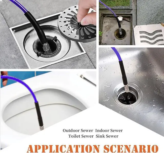 Alt view image 5 of 7 - Sewer Jetter Kit for Pressure Washer, 100FT Drain Cleaner Hose 5800PSI with 1/4 Inch NPT Corner, Rotating Nozzle and 4 Different Button Nose Sewer Jet Nozzles, Waterproof Tape and 2 Spanners Purple