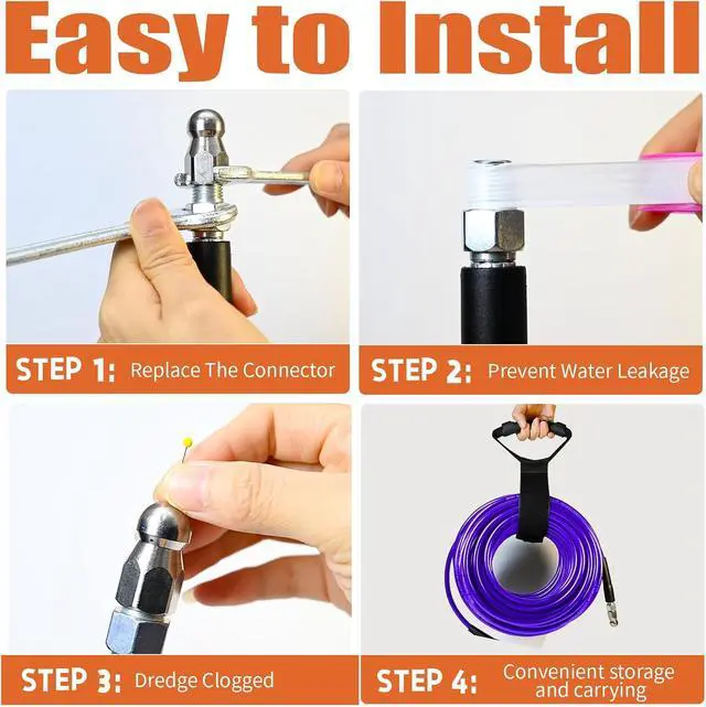 Alt view image 6 of 7 - Sewer Jetter Kit for Pressure Washer, 100FT Drain Cleaner Hose 5800PSI with 1/4 Inch NPT Corner, Rotating Nozzle and 4 Different Button Nose Sewer Jet Nozzles, Waterproof Tape and 2 Spanners Purple