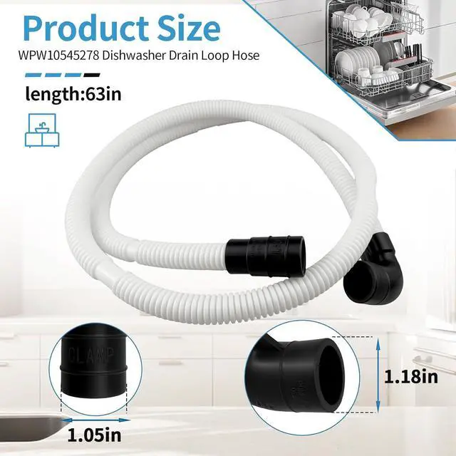 Alt view image 2 of 7 - WPW10545278 Dishwasher Drain Loop Hose for Whirlpool/Annamara/Kenmore/Crossley, Dishwasher Drain Hose Extension Replacement Part with Stainless Steel Clamps, W10137608 W10193583 W10195750
