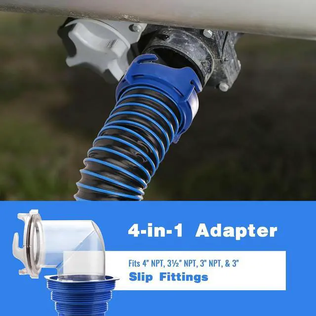 Alt view image 3 of 7 - 10FT RV Sewer Hose Kit: Heavy Duty Camper Waste Hose with Leak-Proof Swivel Fittings, 90° Clear Elbow, 4-in-1 Adapter, TPE Tech for Crush-Proof and UV-Resistant (Male to Female)