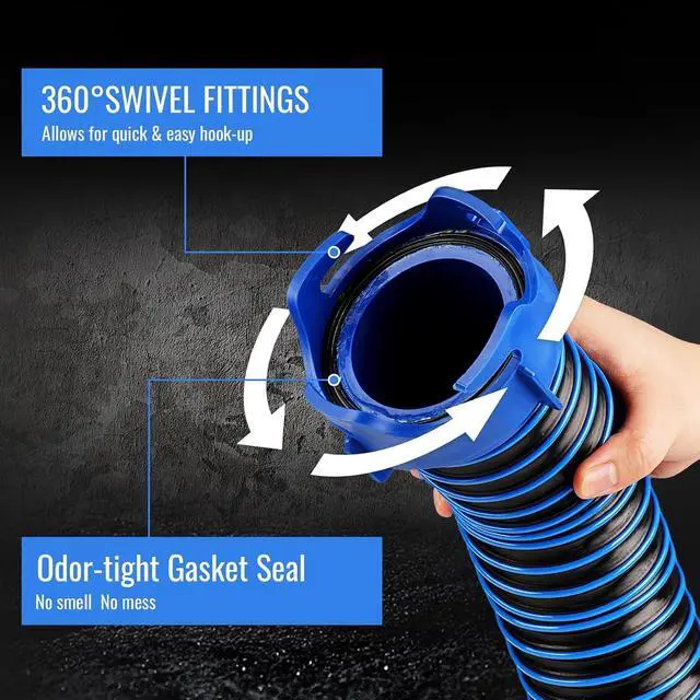 Alt view image 2 of 7 - 10FT RV Sewer Hose Kit: Heavy Duty Camper Waste Hose with Leak-Proof Swivel Fittings, 90° Clear Elbow, 4-in-1 Adapter, TPE Tech for Crush-Proof and UV-Resistant (Male to Female)