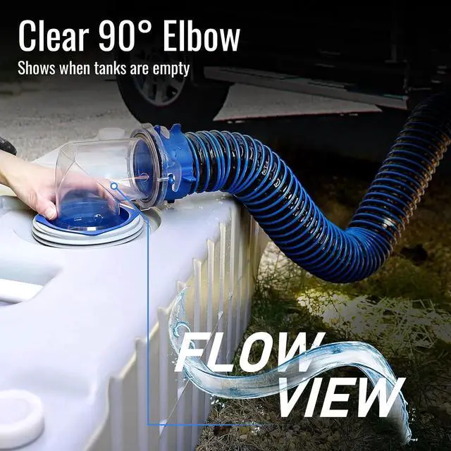 Alt view image 4 of 7 - 10FT RV Sewer Hose Kit: Heavy Duty Camper Waste Hose with Leak-Proof Swivel Fittings, 90° Clear Elbow, 4-in-1 Adapter, TPE Tech for Crush-Proof and UV-Resistant (Male to Female)
