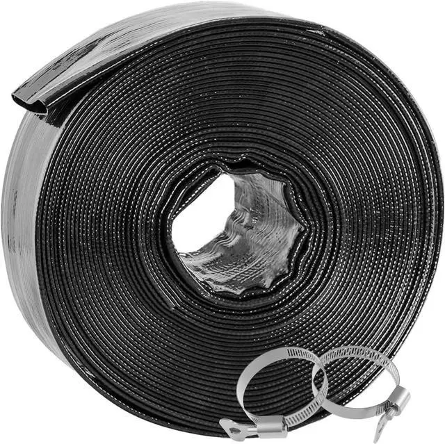 Main image of Backwash Hose 1-1/2" x 100 ft, Heavy-Duty Lay-Flat Reinforced PVC Discharge Hose with 2 Stainless Steel Thumb Screw Clamps, Leak-Resistant for Inground & Above-Ground Pool Filters