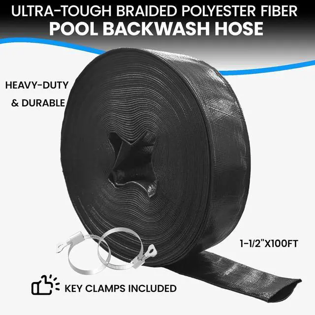 Alt view image 2 of 7 - Backwash Hose 1-1/2" x 100 ft, Heavy-Duty Lay-Flat Reinforced PVC Discharge Hose with 2 Stainless Steel Thumb Screw Clamps, Leak-Resistant for Inground & Above-Ground Pool Filters